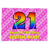 21歳の誕生日：ピンクストライプのハートとレインボー# 21 ラージペーパーバッグ (裏面)