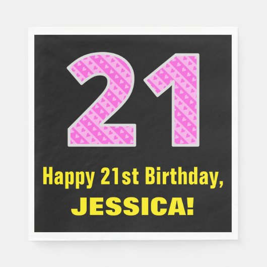21歳の誕生日:ピンクストライプのハートと誕生日"21" +名前 スタンダードランチョンナプキン (正面)