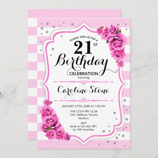 21歳の誕生日 – ピンクホワイトストライプバラ 招待状 (正面/裏面)