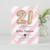 21歳の誕生日 – ピンク色のストライプ金ゴールドバルーン 招待状 (スタンド正面)
