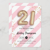 21歳の誕生日 – ピンク色のストライプ金ゴールドバルーン 招待状 (正面/裏面)