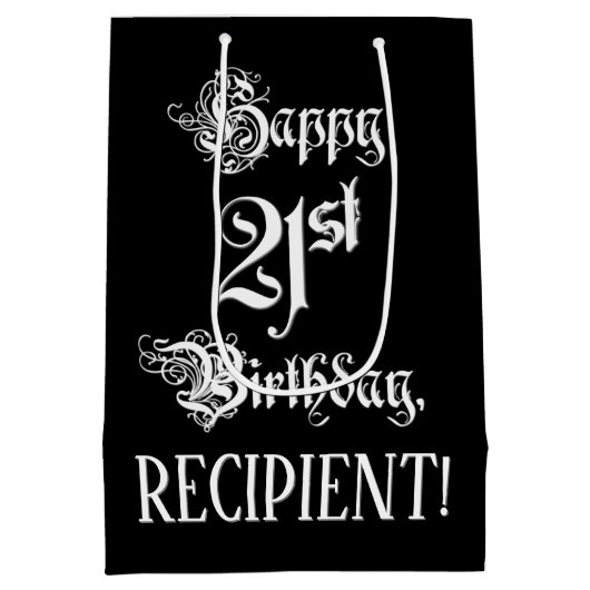 21歳の誕生日：、ファンシースクリプエレガントト+名前をカスタムする ミディアムペーパーバッグ (裏面)