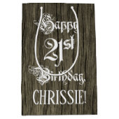 21歳の誕生日： ファンシー, フェイク Wood Look +名前をカスタムする ミディアムペーパーバッグ (正面)