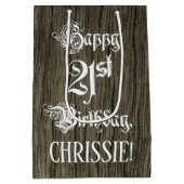 21歳の誕生日： ファンシー, フェイク Wood Look +名前をカスタムする ミディアムペーパーバッグ (裏面)
