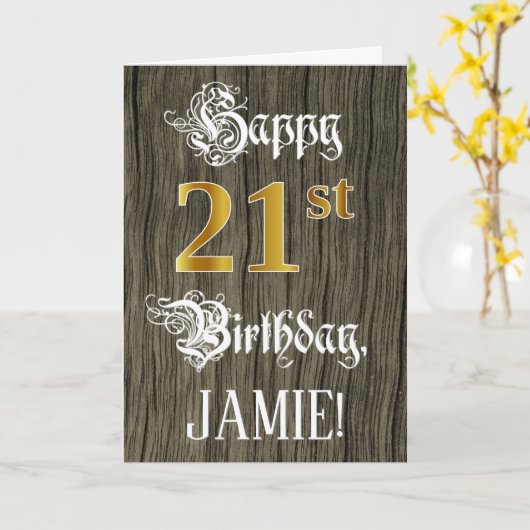 21歳の誕生日:フェイク金ゴールドルック+木フェイク模様 カード (黄色い花)