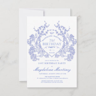 21歳の誕生日 フランス ヴィンテージ ブルー 花紋 Crest 招待状