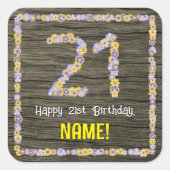 21歳の誕生日:フローラフェイク番号、木目、名前 スクエアシール (正面)