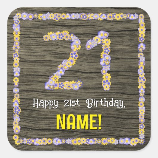 21歳の誕生日：フローラフェイク番号、木目、名前 スクエアシール (正面)