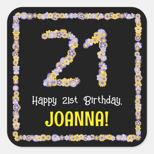 21歳の誕生日:フローラ花数,名前をカスタムする スクエアシール (正面)