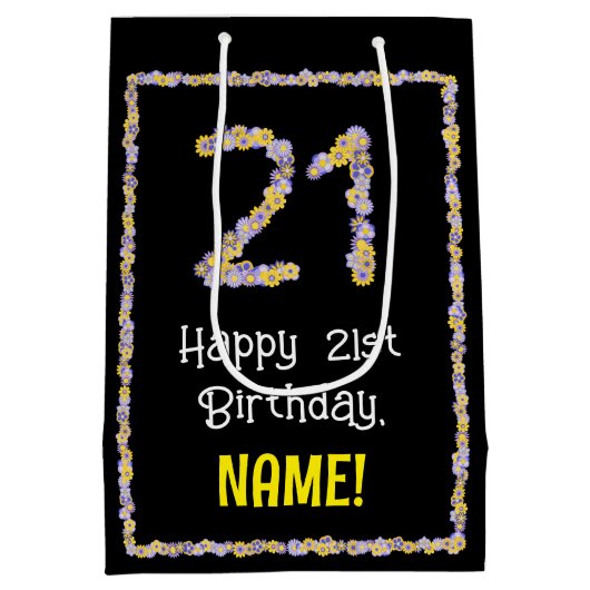 21歳の誕生日:フローラ花数,名前をカスタムする ミディアムペーパーバッグ (裏面)