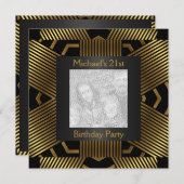 21歳の誕生日 ブラック ゴールド ストライプ 写真を追加 招待状 (正面/裏面)