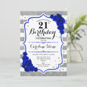 21歳の誕生日 – ブルー王室のシルバーホワイトストライプ 招待状 (スタンド正面)