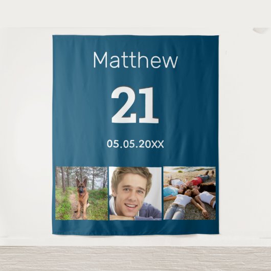 21歳の誕生日 ブルー 写真 モノグラム 男 タペストリー (正面)