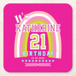 21歳の誕生日 ホットピンク レインボー スクエアペーパーコースター