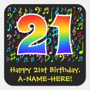 21歳の誕生日：ミュージカラフルックシンボル，レインボー21 スクエアシール