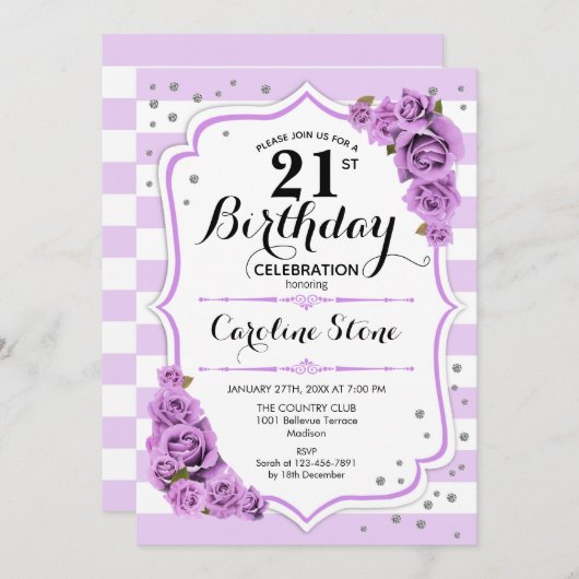 21歳の誕生日 – ラベンダーホワイトパープルの花 招待状 (正面/裏面)