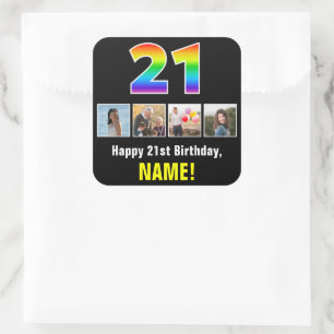 21歳の誕生日:レインボー「21」、写真カスタムと名前 スクエアシール