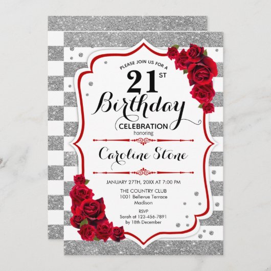 21歳の誕生日 – レッドシルバーホワイトストライプバラ 招待状 (正面/裏面)