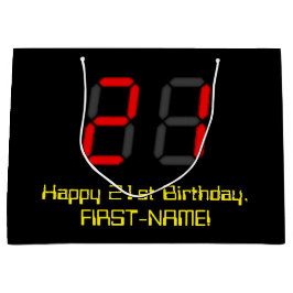 21歳の誕生日：レッドデジタル時計スタイル"21" +名前 ラージペーパーバッグ