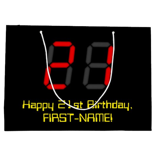 21歳の誕生日：レッドデジタル時計スタイル"21" +名前 ラージペーパーバッグ (裏面)