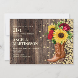 21歳の誕生日 レトロな木のブーツ ひまわり 赤いバラ 招待状