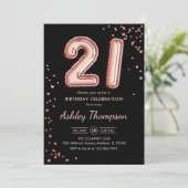 21歳の誕生日 - ローズゴールドの風船 ブラック 招待状 (スタンド正面)