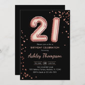 21歳の誕生日 - ローズゴールドの風船 ブラック 招待状 (正面/裏面)