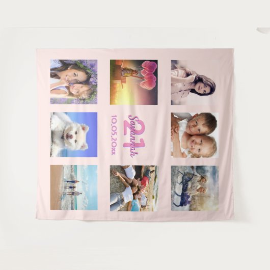 21歳の誕生日 ローズゴールド ピンク フォトコラージュ タペストリー (正面(横))