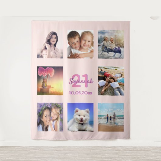 21歳の誕生日 ローズゴールド ピンク フォト コラージュ タペストリー (正面)