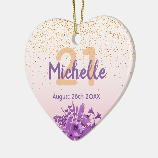 21歳の誕生日 ローズゴールド ピンク フラワーズ 名前 セラミックオーナメント (左)