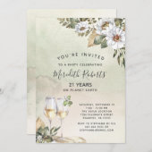 21歳の誕生日 ワインボトル シャンパントースト ホワイトセージ フローラル 招待状 (正面/裏面)