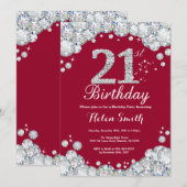 21歳の誕生日 ワインレッドとシルバーのダイヤモンド 招待状 (正面/裏面)