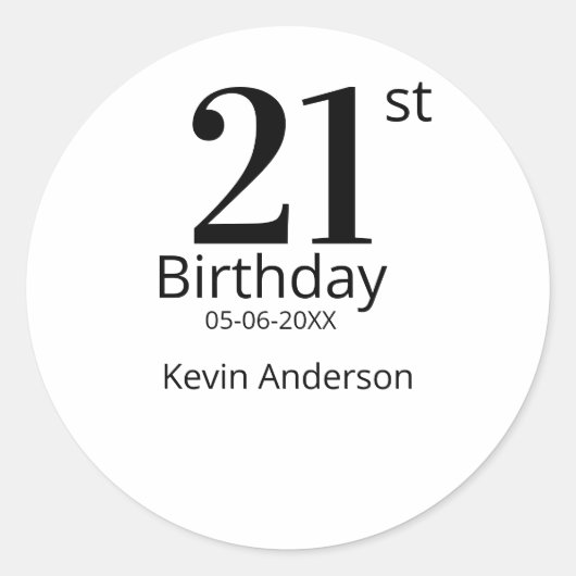 21歳の誕生日 名前と日にち 太字 シンプルな男性 少年 ラウンドシール (正面)