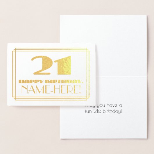 21歳の誕生日; 名前 + アートデコ風の「21」 箔カード (ディスプレー)