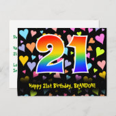 21歳の誕生日:楽しいハート柄、虹色の21 ポストカード (正面/裏面)