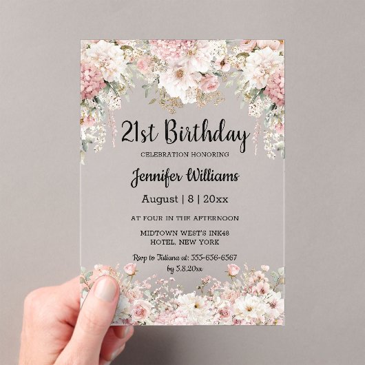 21歳の誕生日 水彩 ピンクの花 モダン アクリル招待状 (インサイチュ (ポータブル))