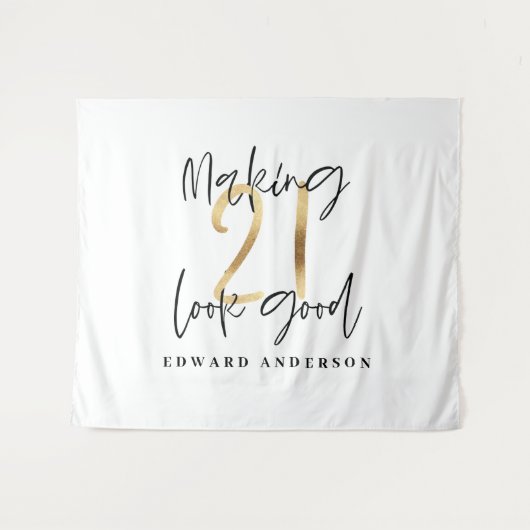 21歳の誕生日 現代的なブラックとゴールドのスタイリッシュ タペストリー (正面(横))