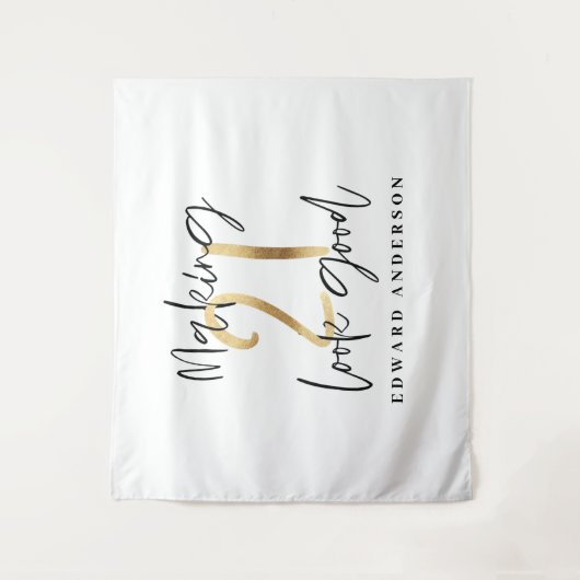 21歳の誕生日 現代的なブラックとゴールドのスタイリッシュ タペストリー (正面)