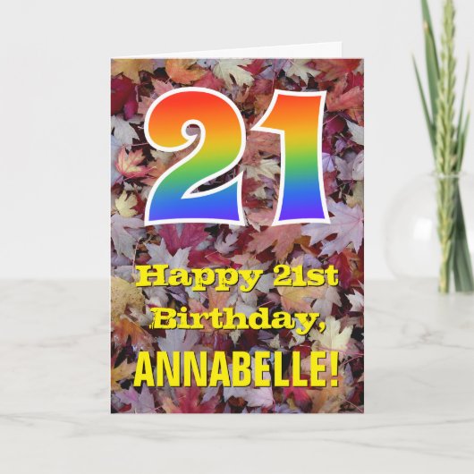 21歳の誕生日; 田舎風の秋の葉; 虹色の"21" カード (正面)