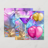 21歳の誕生日 白 ピンク パープル マーティニー風船 招待状 (正面/裏面)