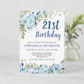 21歳の誕生日 花柄 ネイビーブルー ゴールド グリッター ドット 招待状 (スタンド正面)