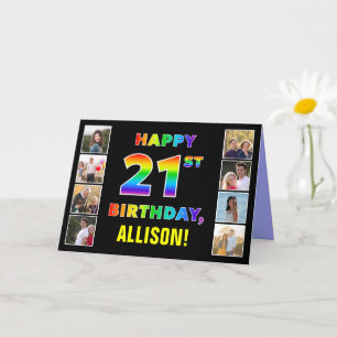 21歳の誕生日：虹の文字カスタム、写真と名前 カード