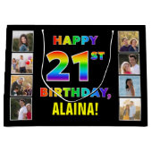 21歳の誕生日：虹の文字カスタム、写真と名前 ラージペーパーバッグ (正面)