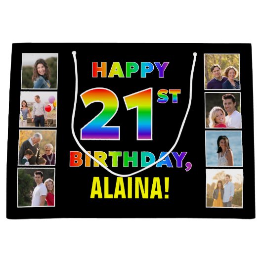 21歳の誕生日：虹の文字カスタム、写真と名前 ラージペーパーバッグ (正面)