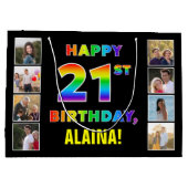 21歳の誕生日：虹の文字カスタム、写真と名前 ラージペーパーバッグ (裏面)