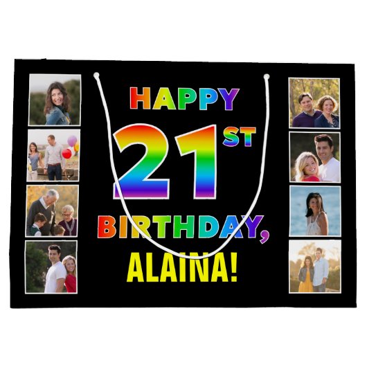 21歳の誕生日：虹の文字カスタム、写真と名前 ラージペーパーバッグ (裏面)