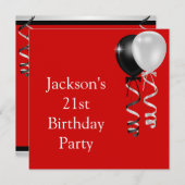 21歳の誕生日 赤 黒 銀 白 風船 招待状 (正面/裏面)
