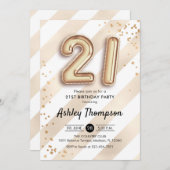 21歳の誕生日 – 金ゴールドストライプバルーン 招待状 (正面/裏面)