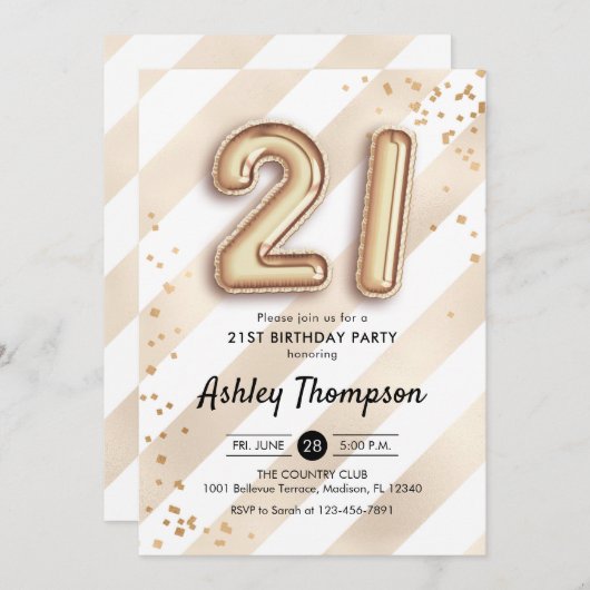 21歳の誕生日 – 金ゴールドストライプバルーン 招待状 (正面/裏面)