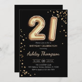 21歳の誕生日 – 金ゴールドバルーン黒 招待状 (正面/裏面)